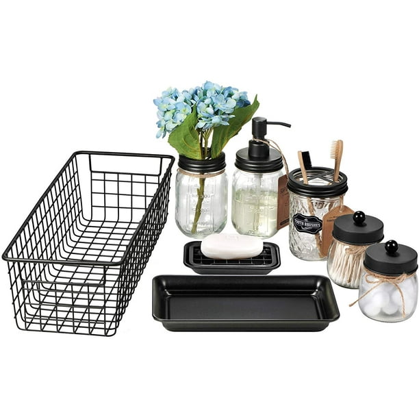 Soap Dish,Resign Bathroom Set Accessories for Decor Toothbrush Holder,2 Tumbler 5 Piece Mason Jar Bathroom Accessories Set with Soap Dispenser Mekoly Bathroom Accessories Set Black